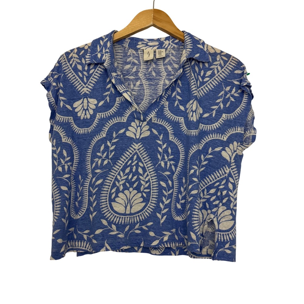 Joie Women XL Blue White Paisley 100% Linen Short Sleeve V-Neck Top